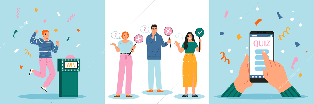 Flat set of compositions with people playing quiz game together and online and happy winner isolated vector illustration