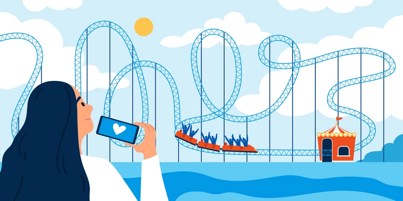 Woman watching and taking photo of people riding roller coaster in amusement park flat vector illustration