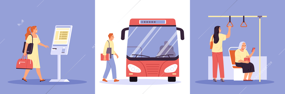 People buying tickets in terminal and getting on bus flat set isolated vector illustration