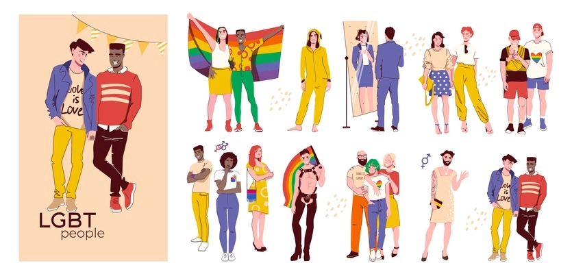 Lgbt community people flat composition set of gay lesbian transgender bisexual characters isolated vector illustration