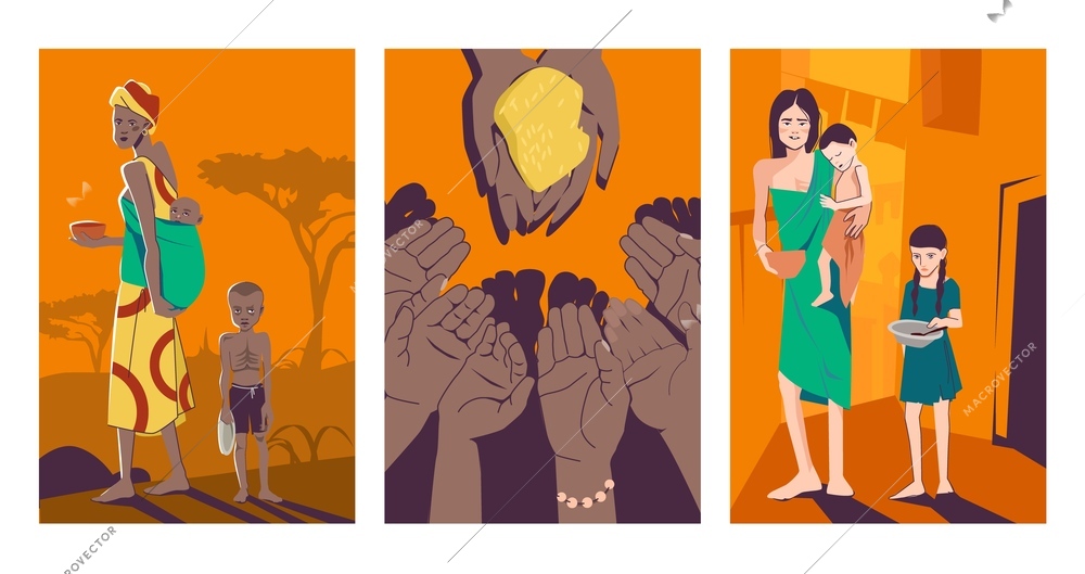 Hunger food crisis set of isolated vertical compositions with flat doodle style characters of starving people vector illustration