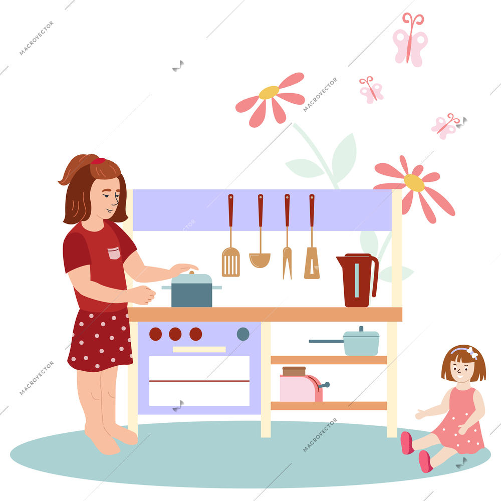 Baby room concept with doll and kitchen symbols flat  vector illustration