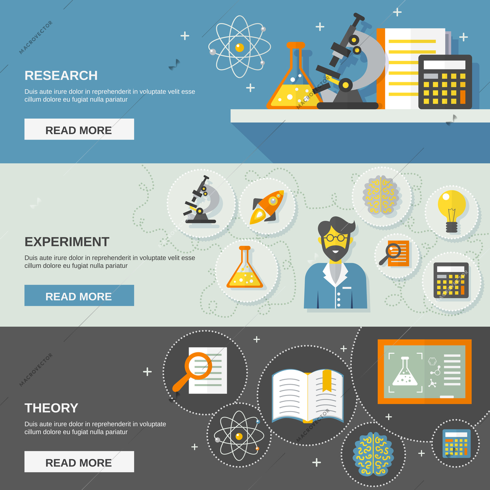 Science and research horizontal banner set with theory and experiment flat elements isolated vector illustration