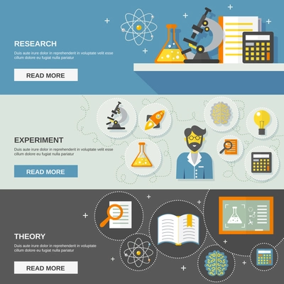 Science and research horizontal banner set with theory and experiment flat elements isolated vector illustration