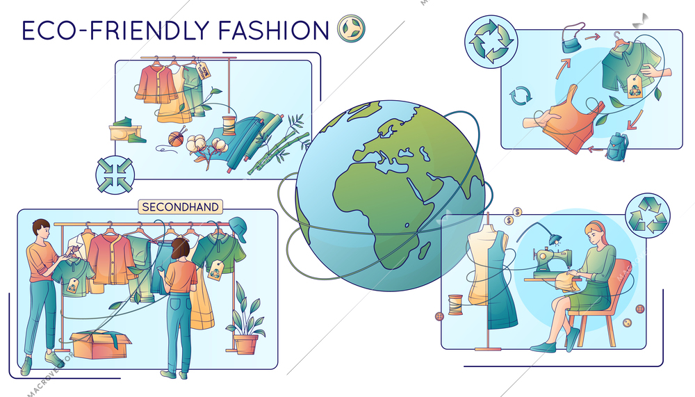 Eco friendly fashion flat concept demonstrating second hand shop and made from recycled materials clothes  vector illustration