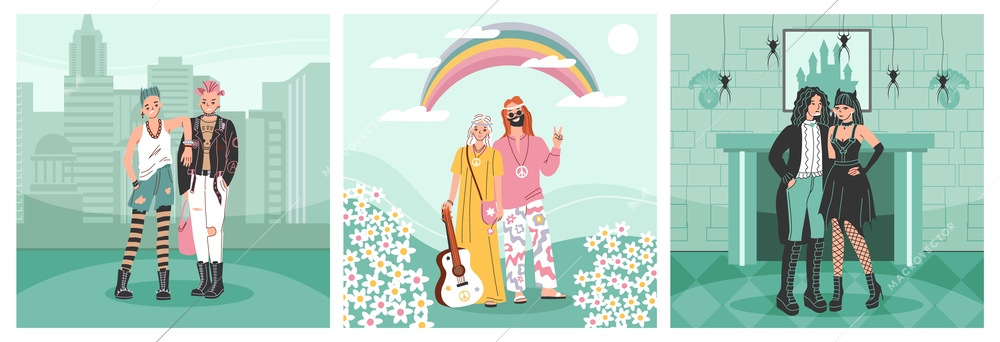 Set of three squre subculture people flat compositions with hippie punks and goth young people characters vector illustration