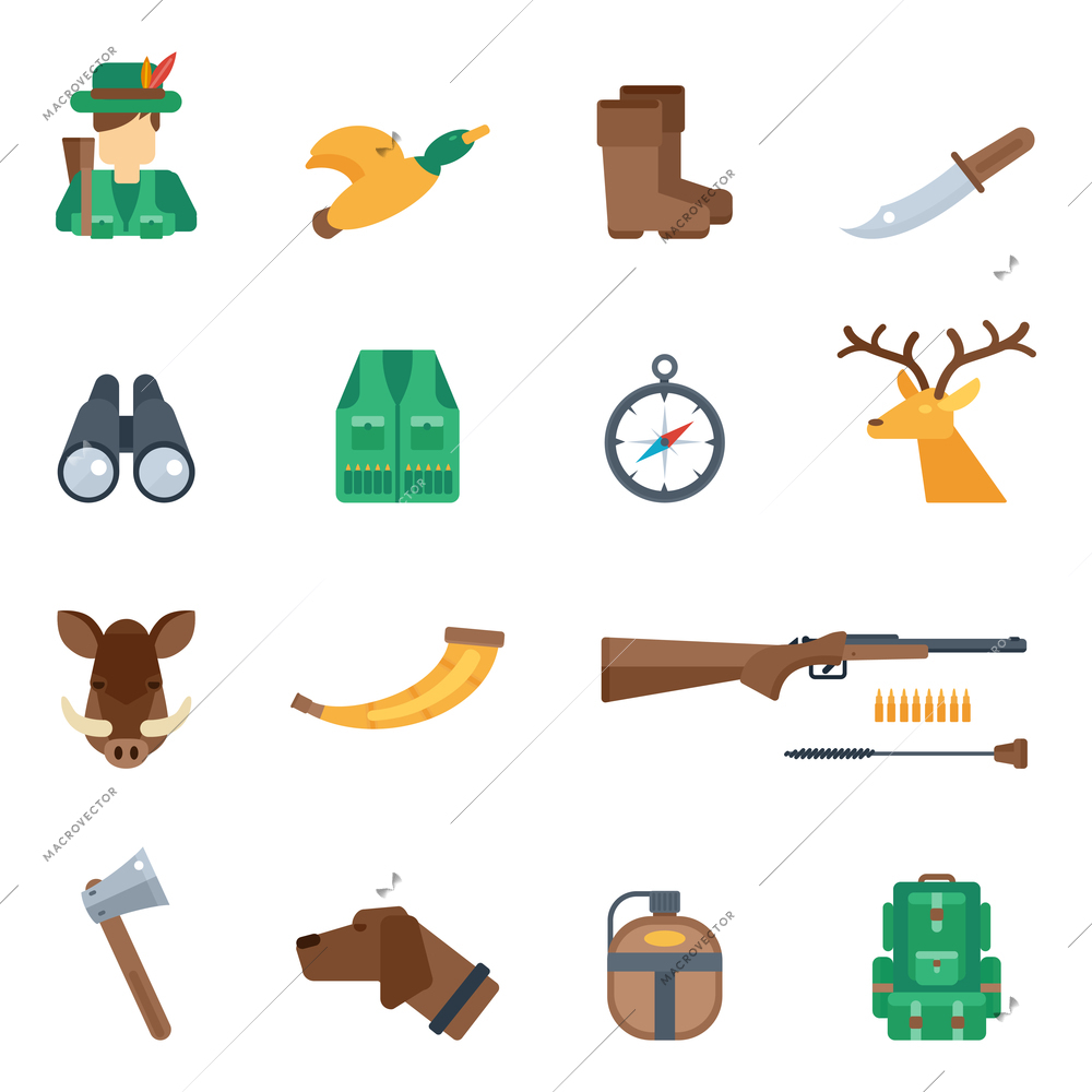 Hunting icons flat set with knife hunter duck boots binoculars isolated vector illustration