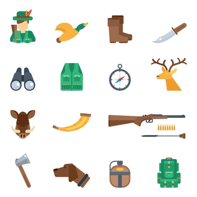 Hunting icons flat set with knife hunter duck boots binoculars isolated vector illustration