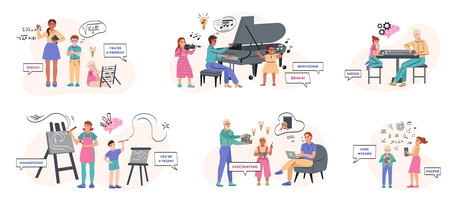 Set of isolated genius prodigy compositions with flat icons thought bubbles with text and human characters vector illustration