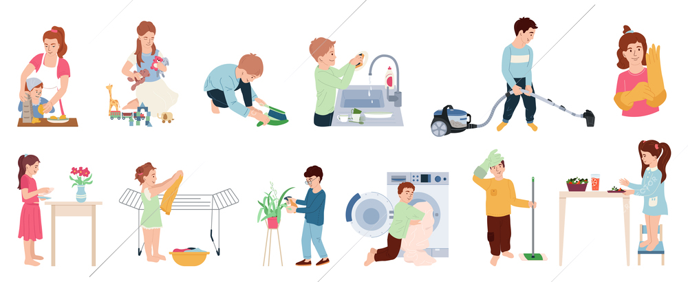 Household children helping flat set of icons with characters of teenage girls and boys doing housework vector illustration