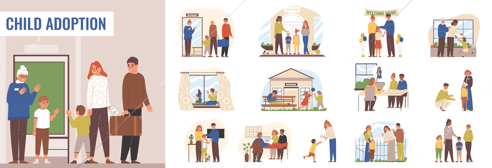 Child adoption flat composition set with lonely children in orphanage and people adopting kid isolated vector illustration