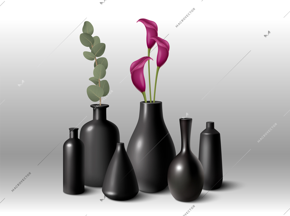 Realistic black ceramic porcelain vases of different shape for interior design on gray gradient background vector illustration