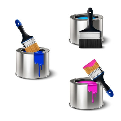 Realistic set of painting tools with metal cans paintbrushes and color drops of paint isolated vector illustration