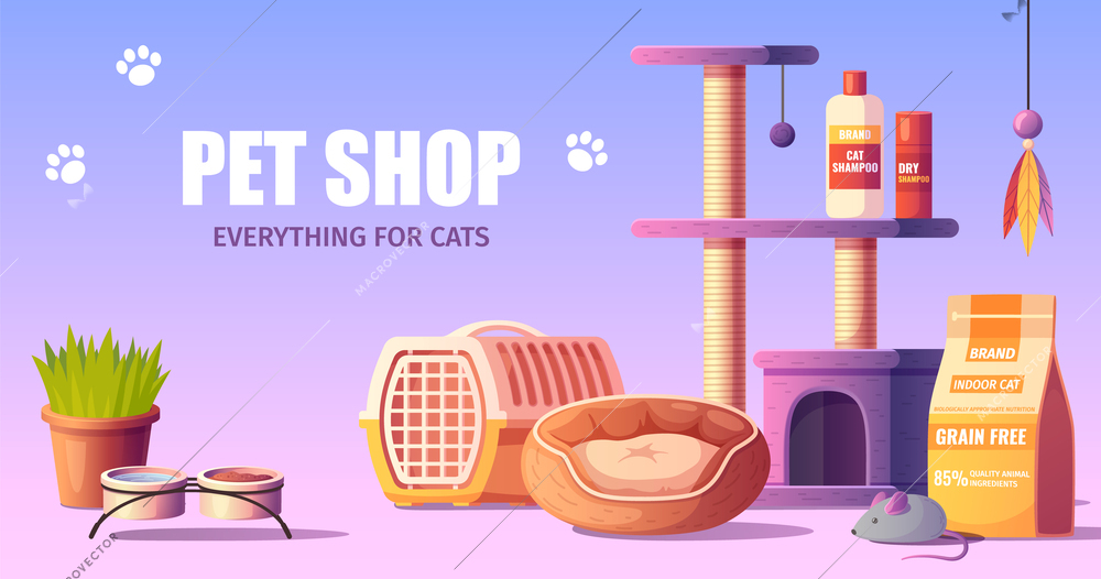 Pet shop cartoon horizontal poster with toys food shampoo and other accessories for cats vector illustration