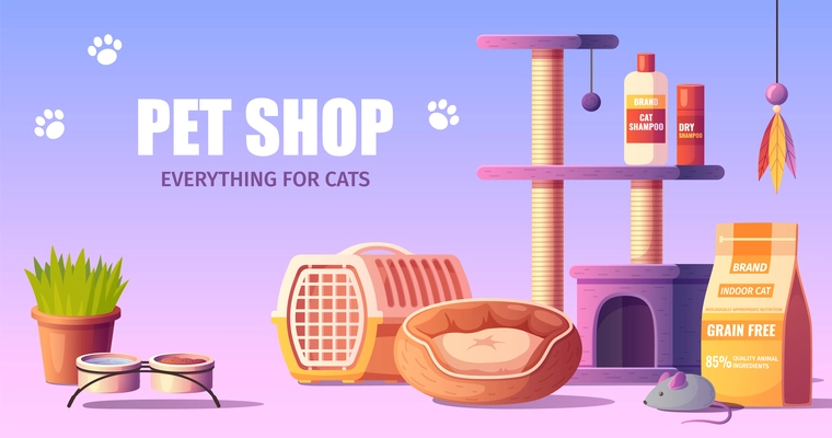 Pet shop cartoon horizontal poster with toys food shampoo and other accessories for cats vector illustration