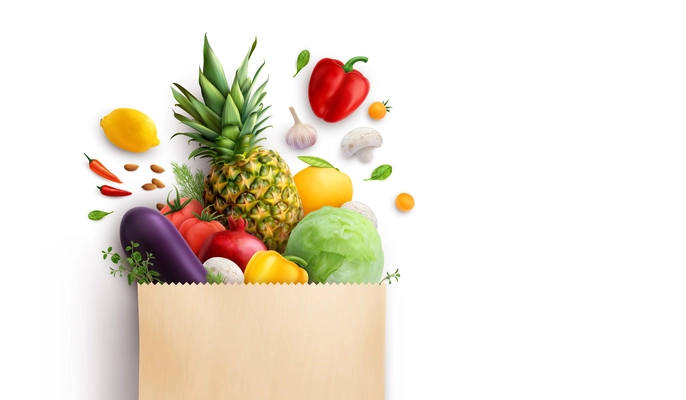 Paper bag vegetables realistic composition with front view of ripe fruits and vegetables on blank background vector illustration