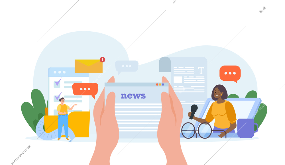 Online news flat composition with female reporter with microphone and articles on internet vector illustration