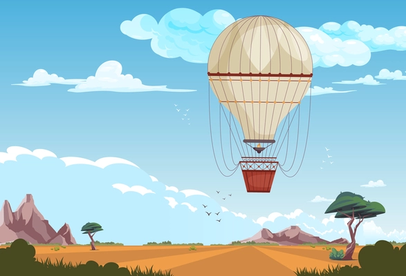 Vintage passenger carriage background with air balloon realistic vector illustration