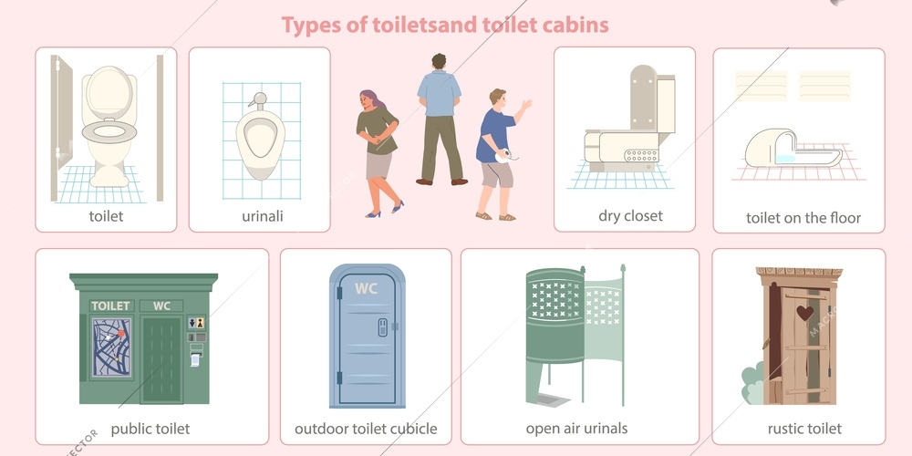 Public toilet flat infographic depicting dry closet outdoor cubicle open air urinals rustic and public toilets vector illustration