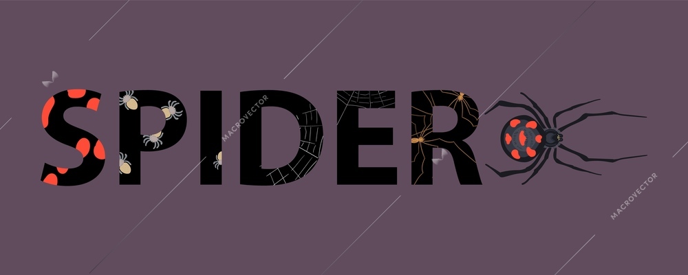 Spider insect composition with flat text with letters covered with maggots and ephebic on dark background vector illustration