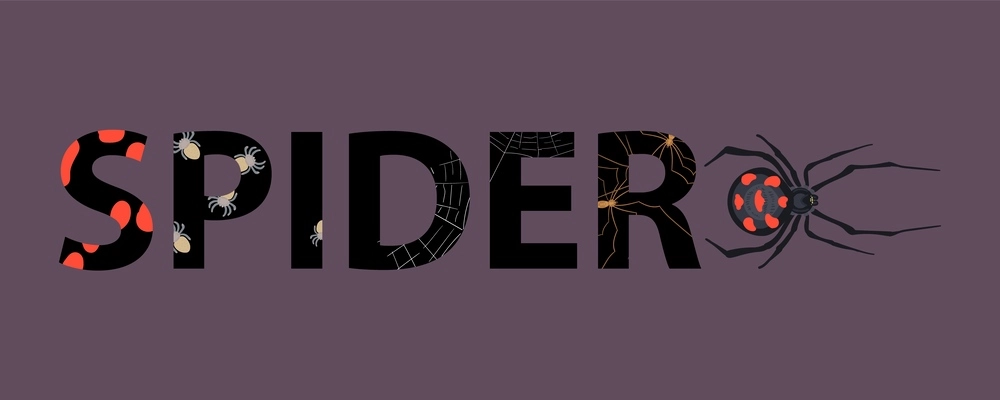 Spider insect composition with flat text with letters covered with maggots and ephebic on dark background vector illustration