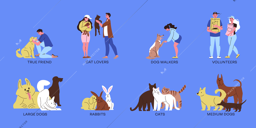 Pet shelter compositions set with cats dogs rabbits volunteers and animal lovers isolated on blue background flat vector illustration