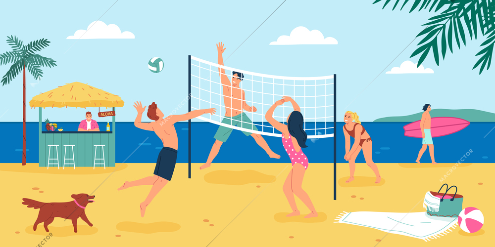 People spending vacation on sandy beach playing volleyball and surfing flat vector illustration