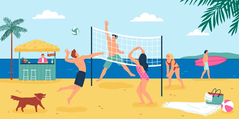 People spending vacation on sandy beach playing volleyball and surfing flat vector illustration