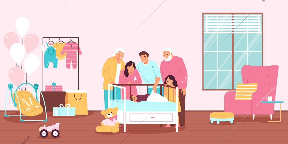 Happy family looking at newborn baby sleeping in cot flat vector illustration