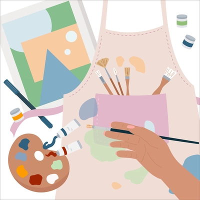 Artist hand holding paintbrush on background with tubes of paint palette apron flat vector illustration