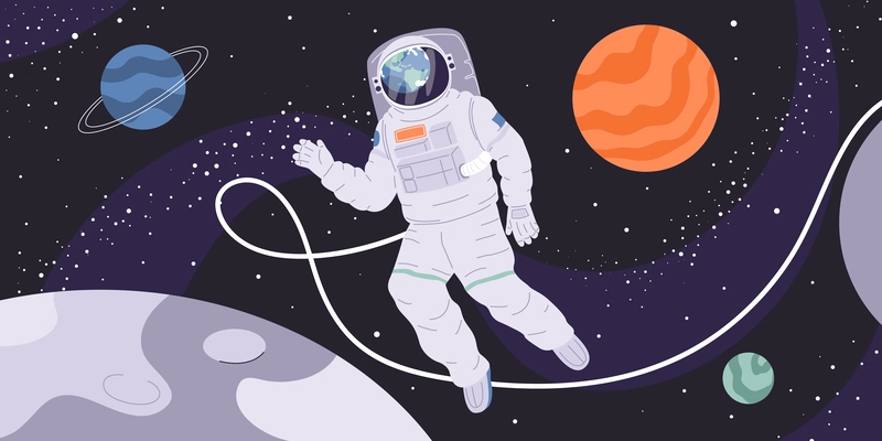 Astronaut wearing spacesuit looking at earth in outer space in background with planets flat vector illustration