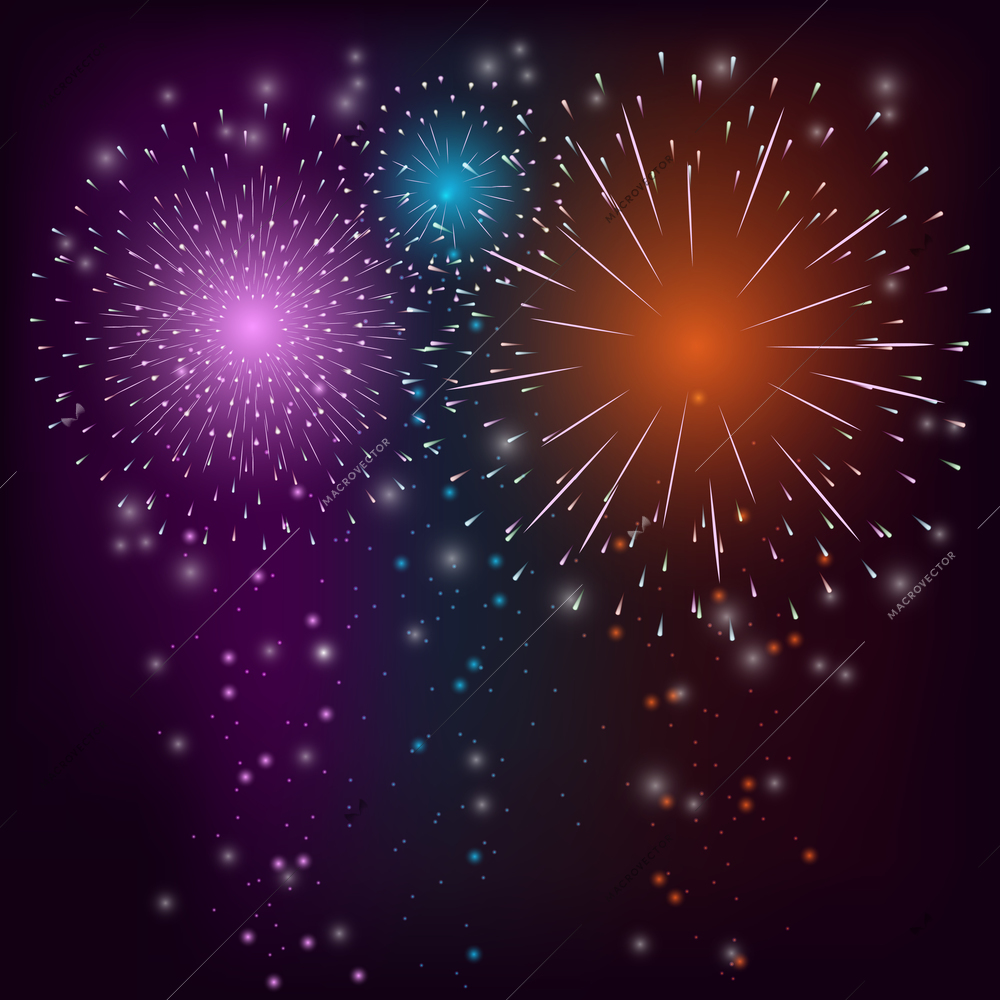 Firework sparkle bursts in night sky celebration background vector illustration