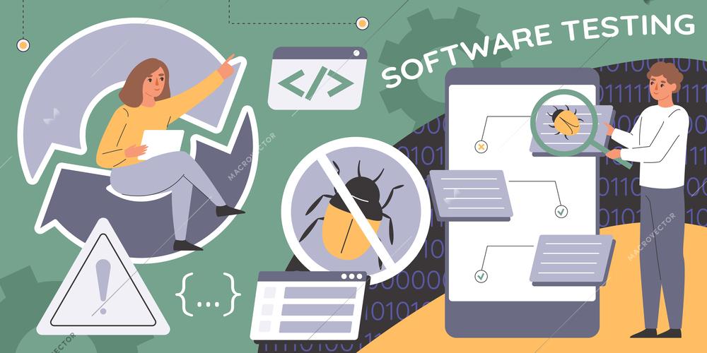 Software testing collage with program and maintenance symbols flat vector illustration