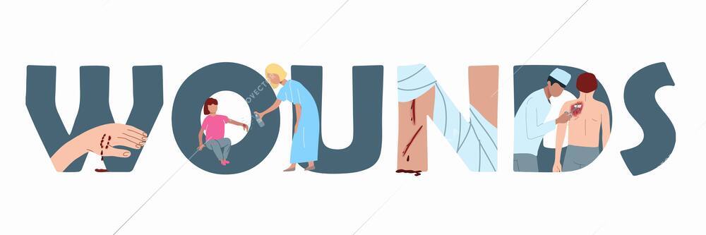 Wound people flat composition of ornate text and doodle characters of wounded people with doctors aid vector illustration