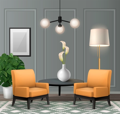 Realistic classic living room interior with hanging lamp wall panels and orange armchairs vector illustration