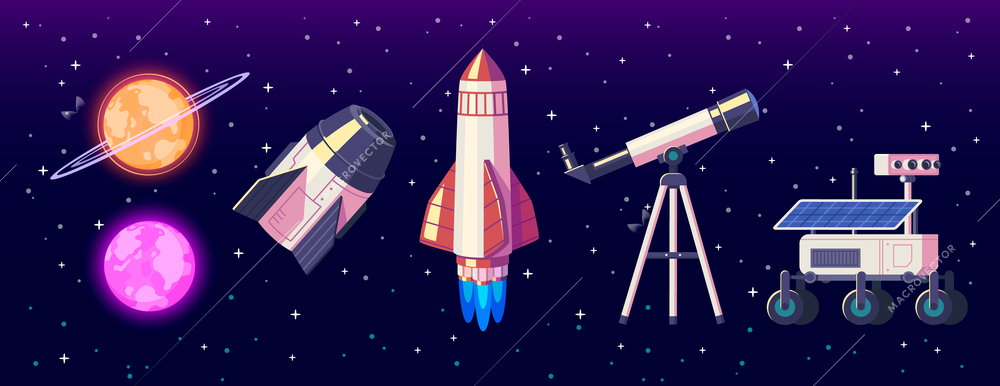 Space exploration cartoon composition with planets and equipment for exploring and observing universe vector illustration