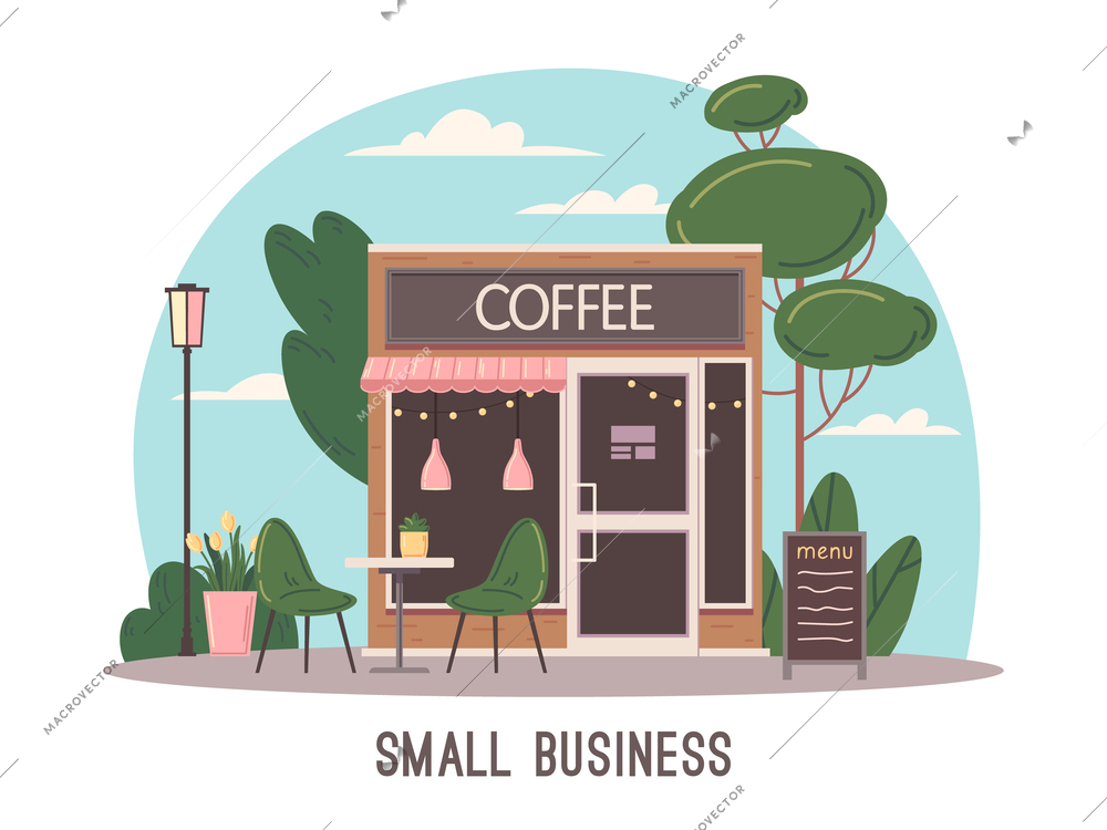Small business flat concept with coffee shop facade vector illustration
