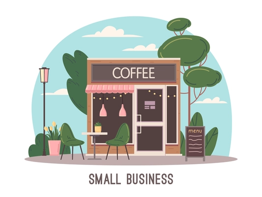 Small business flat concept with coffee shop facade vector illustration