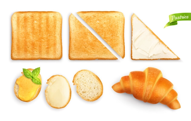 Breakfast pastries set with isolated top view images of croissant toast bread slices with butter toppings vector illustration