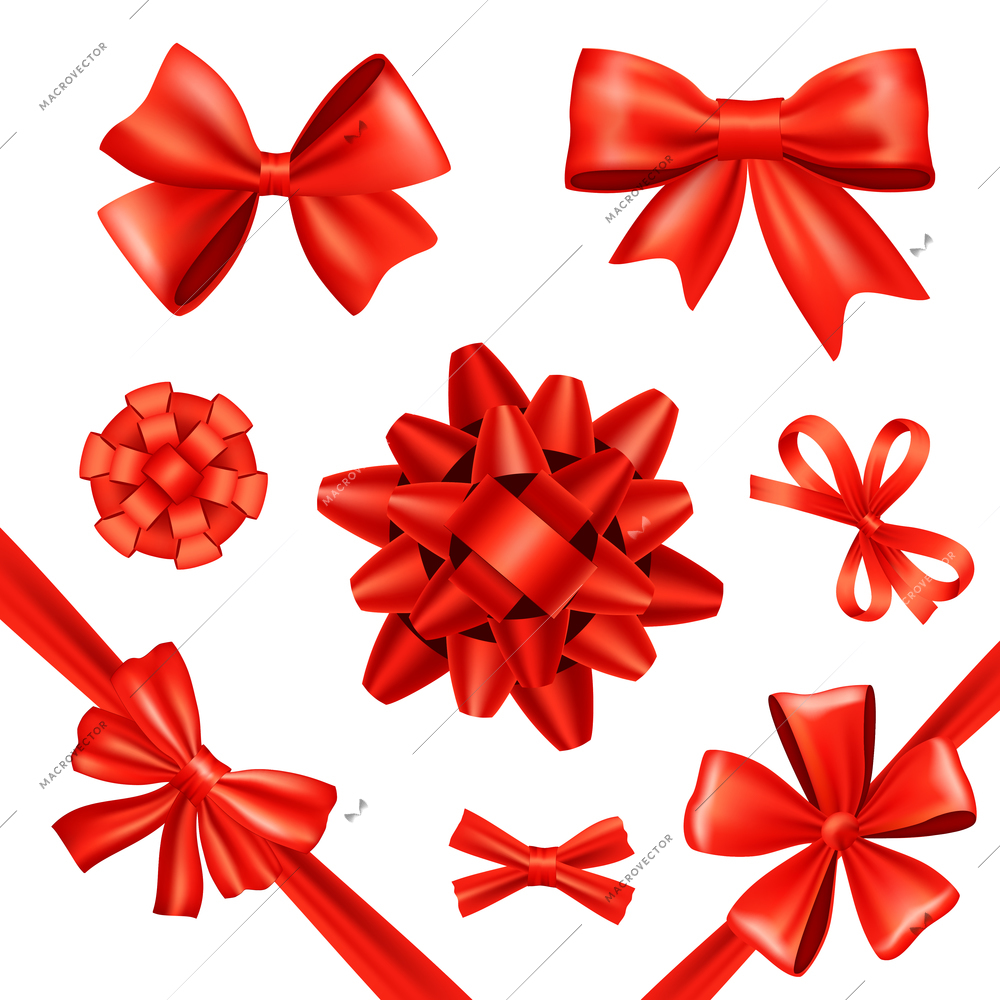 Red silk gift bows and celebration ribbons set isolated vector illustration