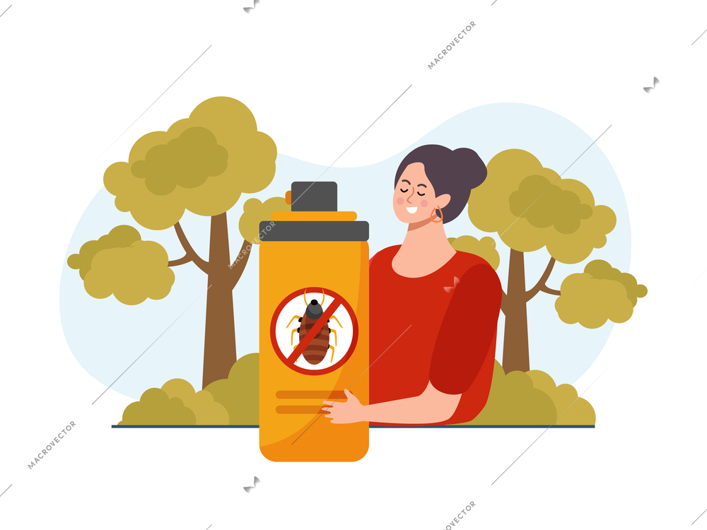 Repellents flat background with composition of female character holding spray can with rejectant symbol and trees vector illustration