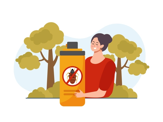 Repellents flat background with composition of female character holding spray can with rejectant symbol and trees vector illustration