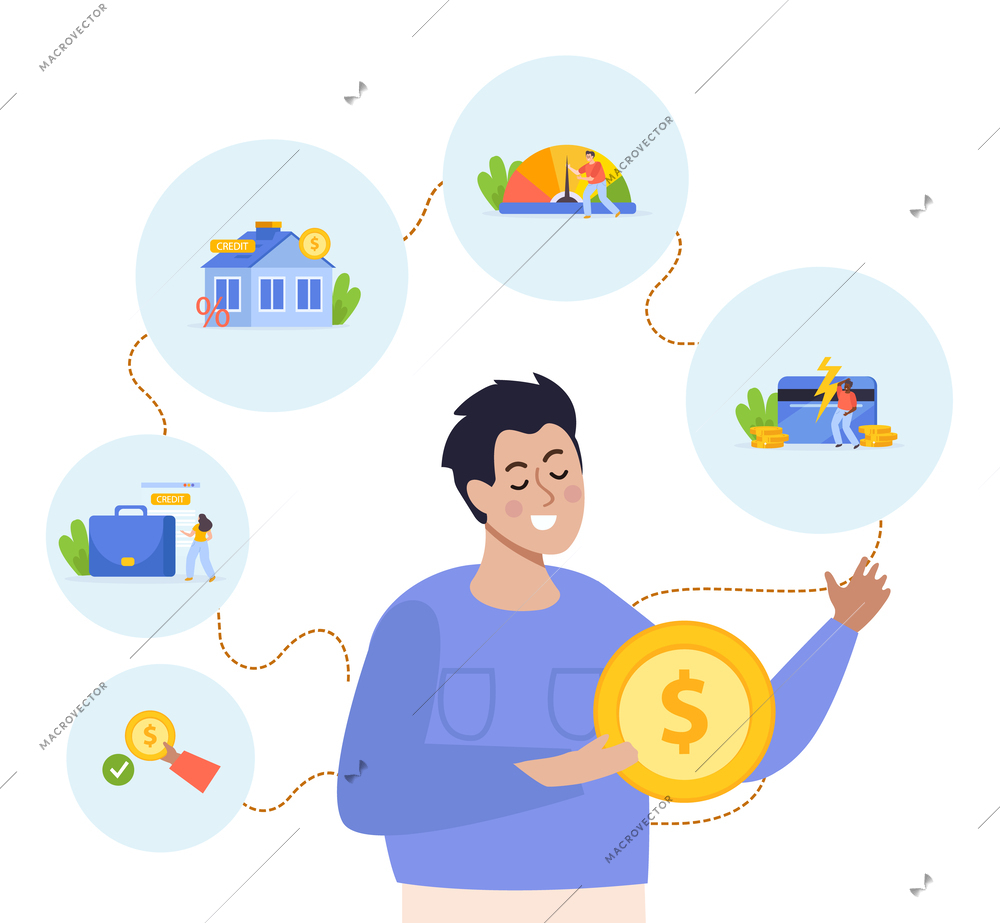 Credit score flat background with male character holding coin surrounded by round compositions of financial icons vector illustration