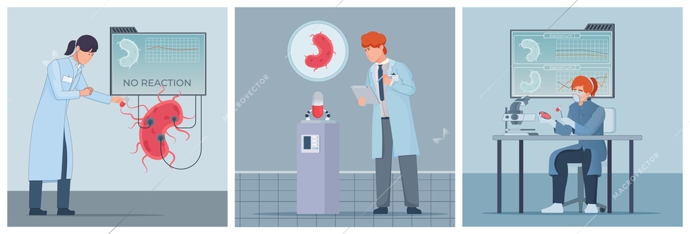 Scientists studying mechanisms of antibiotic resistance in laboratory flat set isolated vector illustration