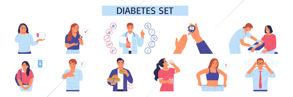 Prevention and symptoms of diabetes flat set with male and female patients isolated vector illustration