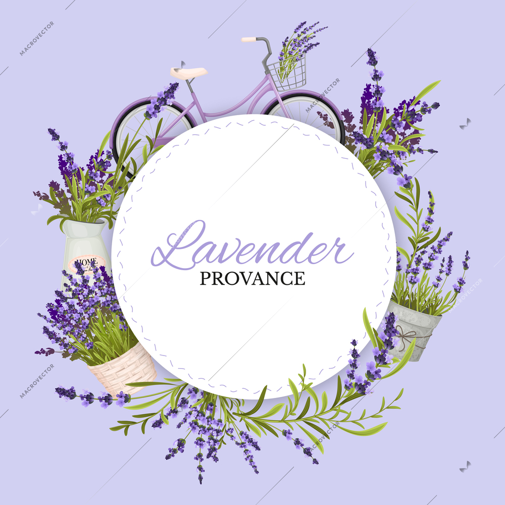 Purple herbal provance background with round frame decorated with lavender realistic vector illustration