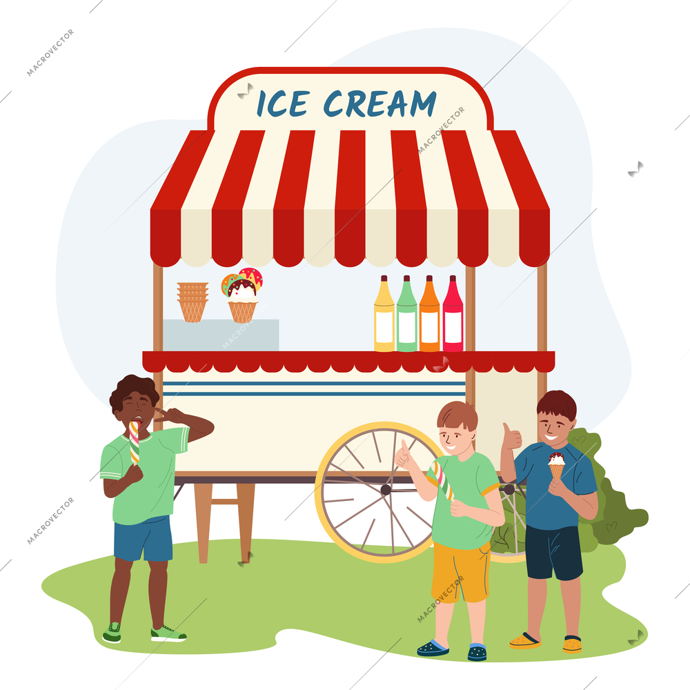 Children summer behaviour flat composition with three happy boys eating ice cream and sweets outdoors vector illustration