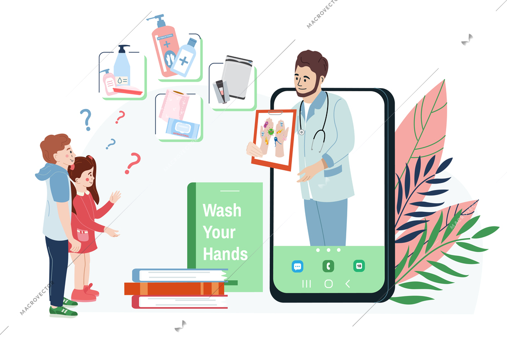 Washing hands flat design concept with male doctor character explaining to children how important to observe hygiene vector illustration