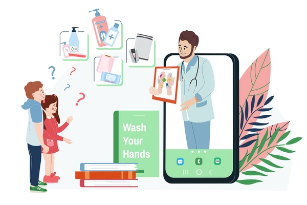 Washing hands flat design concept with male doctor character explaining to children how important to observe hygiene vector illustration