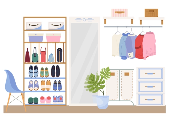 Walk in closet interior with hanging clothes shoes placed on shelves chair and home flower in pot flat vector illustration